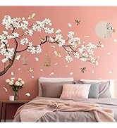 Chinese Style White Flowers Black Tree and Flying Birds Wall Stickers Removable DIY Wall Art Deco...