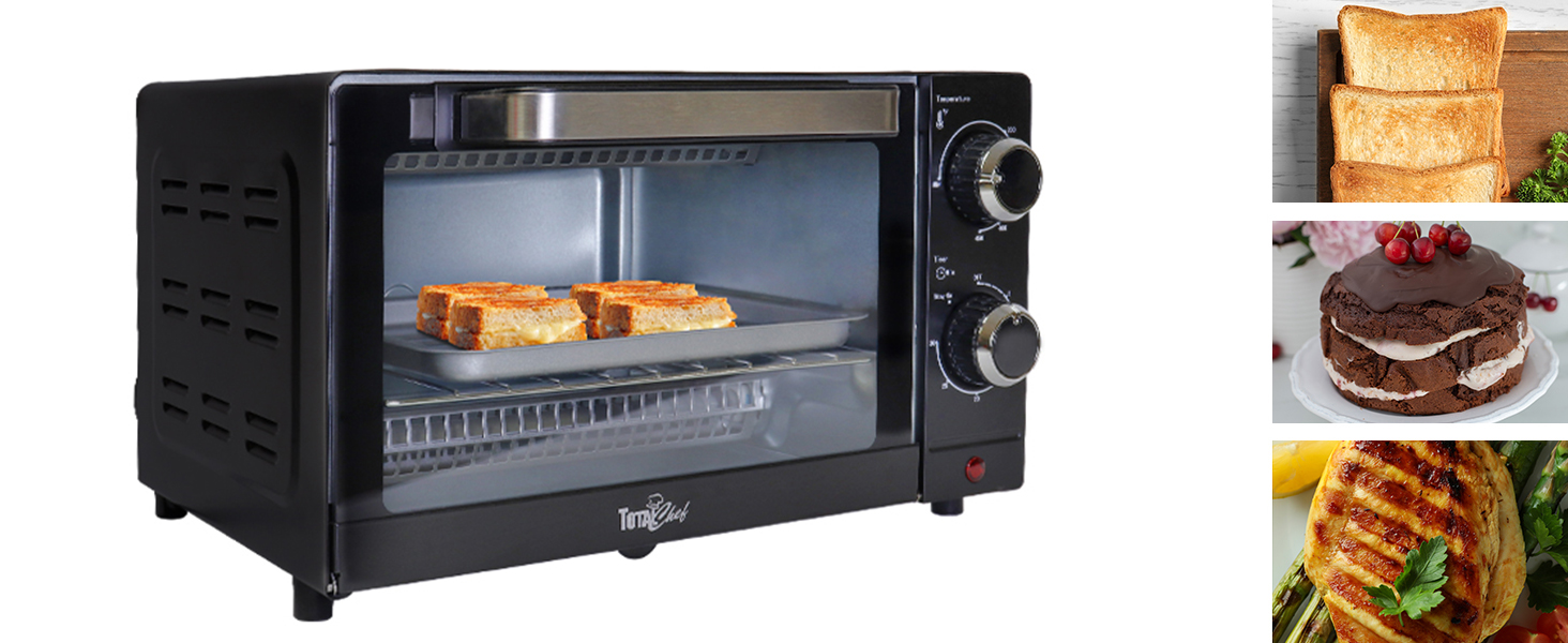 Total Chef toaster oven with pictures of toast, cake, and chicken beside it