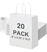 METRONIC White Paper Bags 8X4.25X10.5 20Pcs, Gift Wrap Bags with Handles, Kraft Paper Bag for Sma...