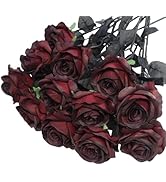 Artificial Roses Flowers, 12 Pcs Fake Burgundy Rose in Bulk, Long Stem Realistic Silk Roses Bouqu...