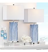 Touch Control Table Lamps with White Fabric Shade Set of 2, 3-Way Dimmable Modern Ceramic Blue Ni...