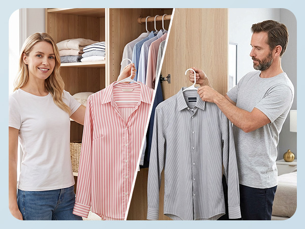 Woman in casual outfit organizing her closet with white plastic hangers. She easily places a blouse.