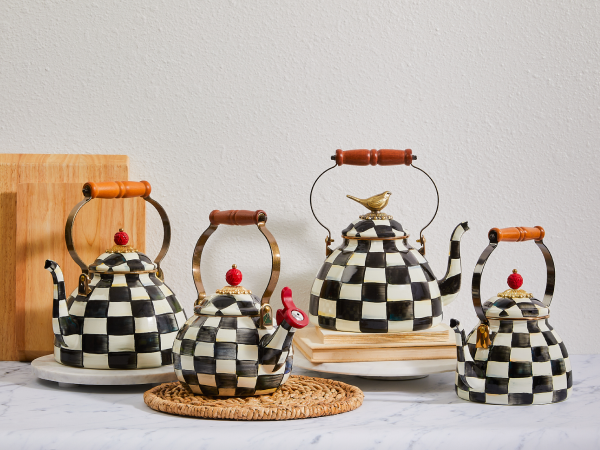 Courtly Check Tea Kettles, 2 Qt, 3 Qt, Whistling, and Bird Topper 3 Qt.