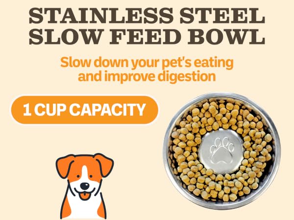 Stainless Steel Slow Feed Bowl, 1 Cup Capacity