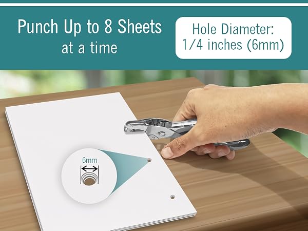 Small Single Hole Punch, 1/4 Inch One Hole Paper Punch with 8 Sheet Capacity