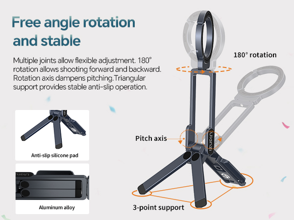 Marketing infographic showing features of outdoor light hooks including '180° rotation', 'Free angle rotation and stable', with technical diagrams and installation steps.