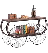 Vintiquewise Two Tier Wagon Style Industrial Wooden and Metal Side End Table with Big Wheels
