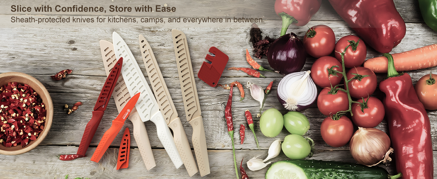 Kitchen knife set with blade guards, ideal for camping, cooking, and safe storage
