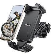 Bike phone mount holder displaying a smartphone with mountain biking imagery. Mount features adjustable clamps and appears to be designed for handlebar attachment.