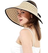 LA CARRIE Wide Brim UV Protection Sun Hats for Women with Leopard Trim Straw Roll Up Beach Visor ...