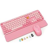 Wireless Keyboard and Mouse Combo with Magnetic Wrist Rest, Round Keycaps, Full-Size Retro Typewr...