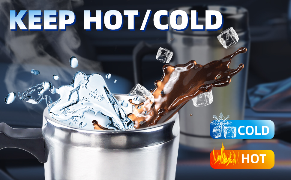 Stainless steel tumbler with splashing liquid demonstrating hot and cold temperature retention capabilities, with ice cubes visible in the splash.