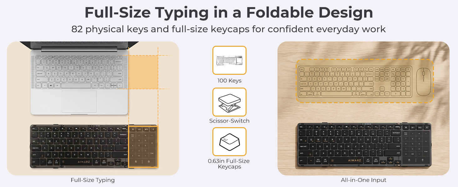Aimarz AF01 full-size keyboard layout with full-size keycaps, scissor switches