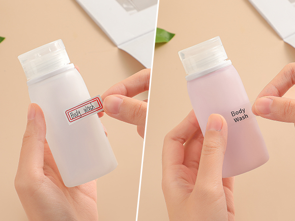 travel bottles with stickers, travel bottles with lags, travel bottles with labels