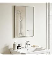 Bathroom Mirror for Wall, 16x24 Inch Metal Framed Mirror, Brushed Nickel Rectangle Mirror, Bathro...