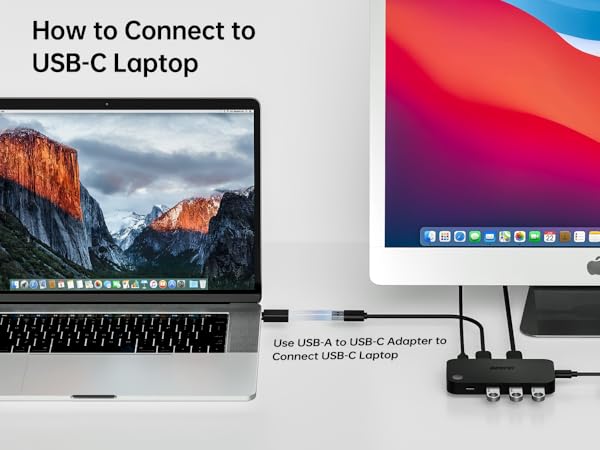 USB-C adapter hub connecting to a laptop, showing multiple ports for device connectivity. Instructional image demonstrating laptop connection setup.