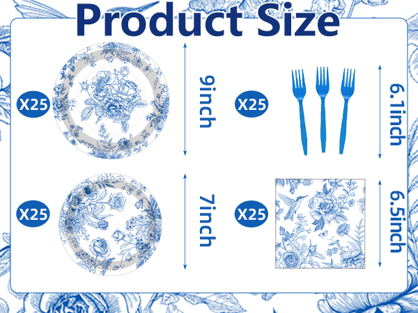 100 Pcs Blue and White Floral Tableware Party Supplies Set