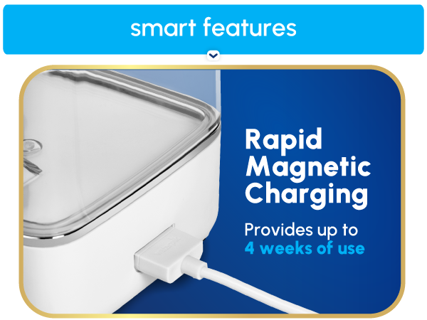 Image of Waterpik charging cable and text reading rapid magnetic charging provides up to 4 weeks use