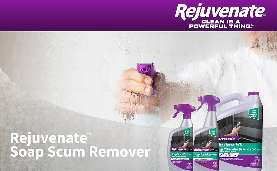 Rejuvenate Soap Scum Remover being used on shower glass window