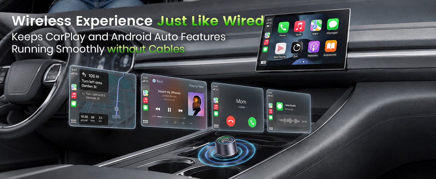 Wireless CarPlay dongle keeps in-car apps available while reducing cable clutter.