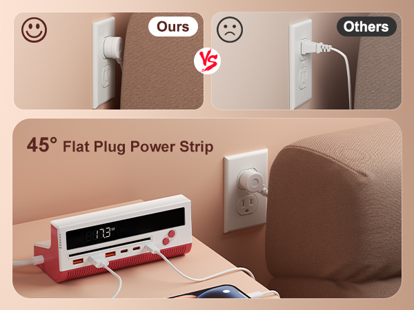 45° flat plug head lies close to the wall to save space and avoid blocking other outlets
