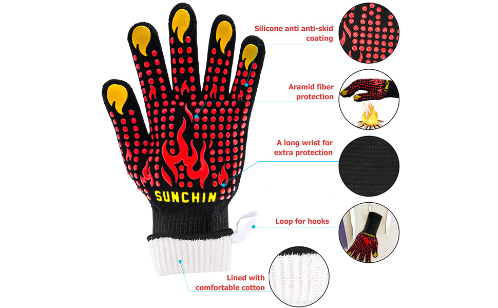 BBQ Fireproof Gloves Grill Cut-Resistant 1472°F Heat Resistant Gloves Non-Slip Silicone Oven Gloves