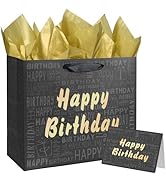 13" Large Black and Gold Happy Birthday Gift Bag with Tissue Paper and Card for Men Women Birthday