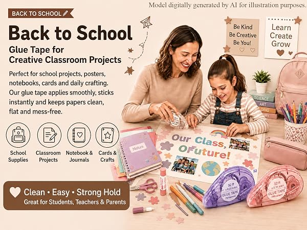 Teacher and students use a tape roller on posters, notebooks, cards and classroom paper crafts