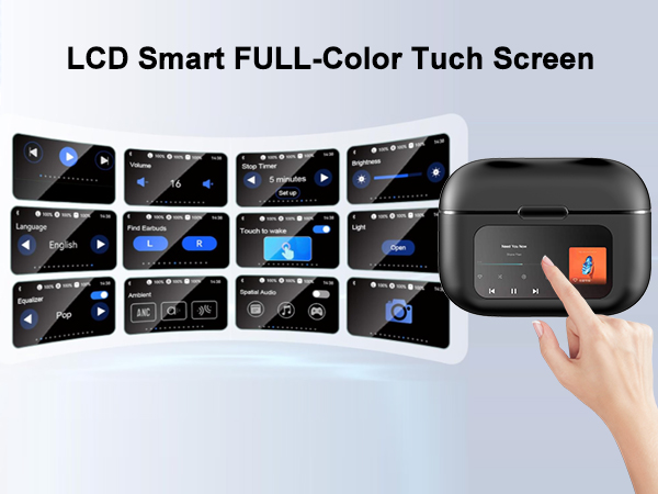 Black wireless earbuds case with LCD touch screen displaying various control options.