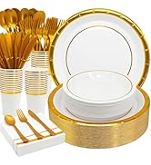 AIRE 175PCS White Gold Paper Plates Party Supplies Dinnerware Sets for 25 Guests, Disposable Pape...