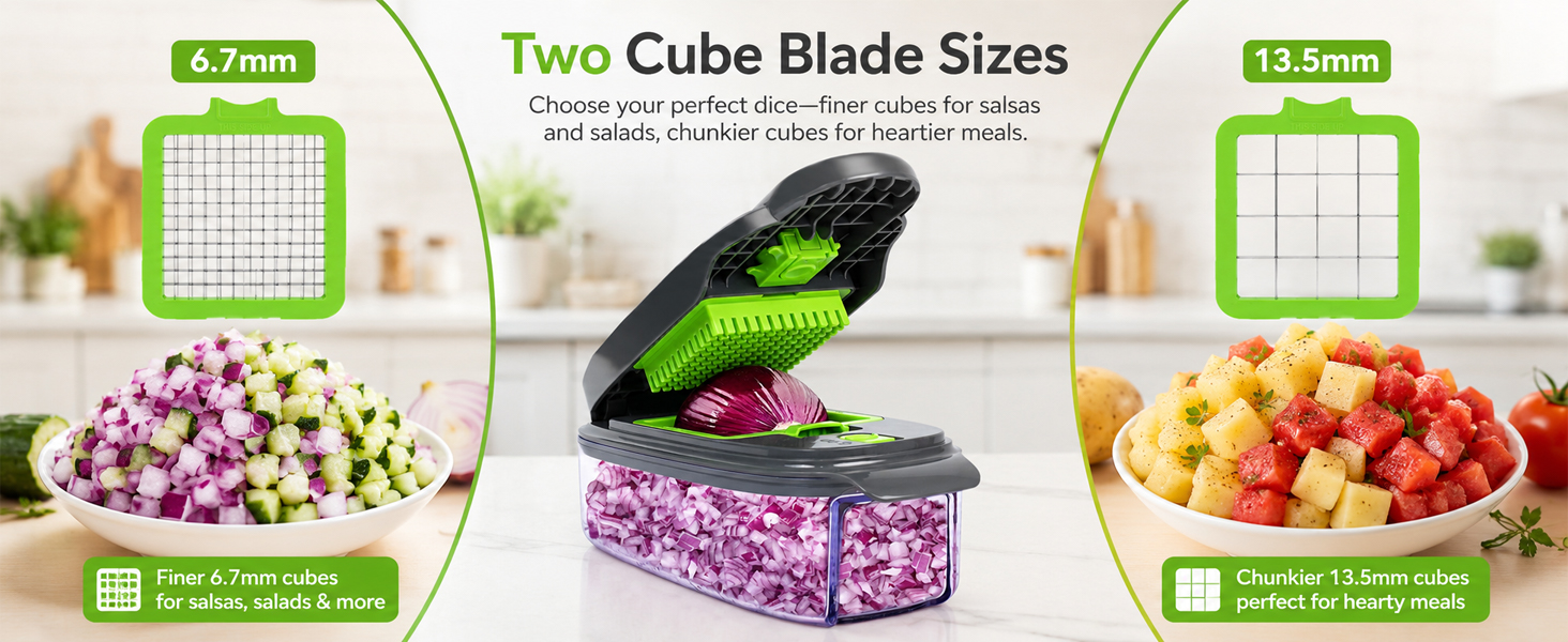 Two dicing grids for 6.7 mm and 13.5 mm vegetable cubes