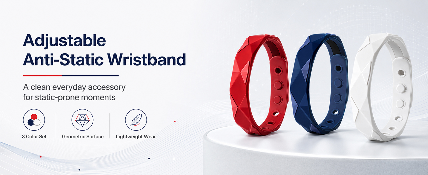 Adjustable anti-static wristband set in red, navy, white with geometric design