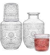 Kingrol 4-Piece Glass Bedside Carafe and Tumbler Set - 18 oz Water Pitcher & 5 oz Cup, Elegant Ni...