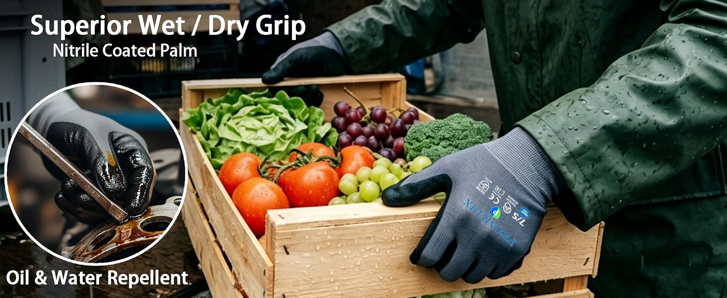 Palm and fingertips are fully coated with quality nitrile material.