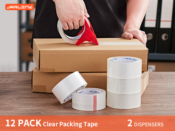JARLINK 12 Rolls Clear Packing Tape with 2 Dispensers