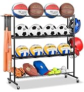 Mythinglogic Basketball Rack, Ball Storage with Baseball Bat Holder, Rolling Ball rack with Remov...