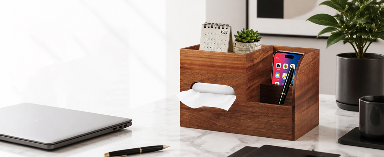 Square Tissue Box Cover, Multi-Functional Wood Tissue Box Holder with Storage Grid