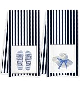 JOQUXI Navy Stripe with Flip Flop & Sun Hat Beach House Nautical Tea Towels Set of 2, Coastal Kit...