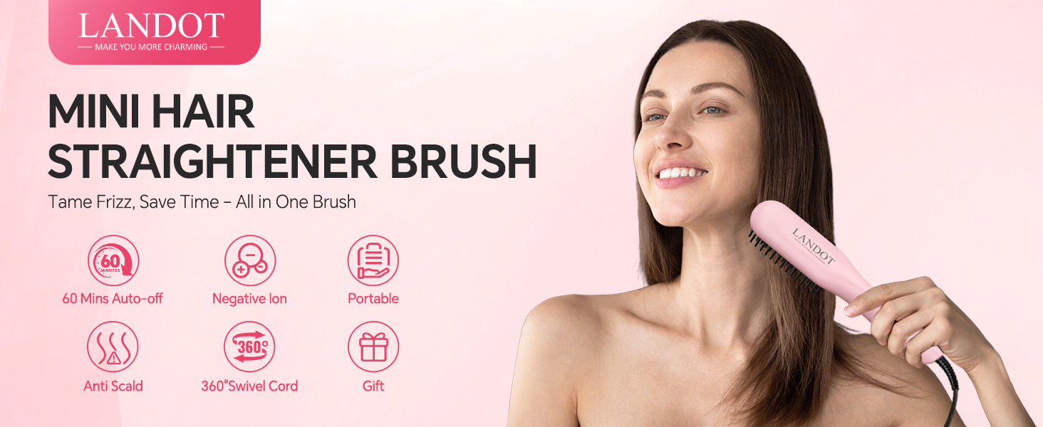 Text reads 'LANDOT MINI HAIR STRAIGHTENER BRUSH'. Product demonstration of pink hair styling tool with multiple feature icons displayed.