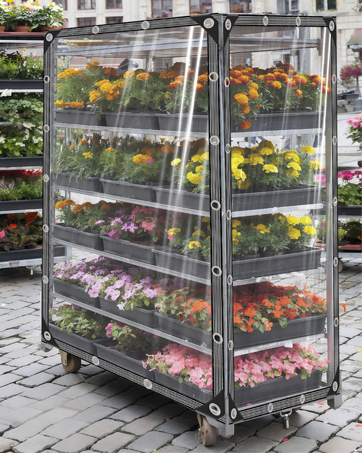 Commercial retail display cart with multiple tiers showing fresh produce and flowers, set on outdoor pavement.