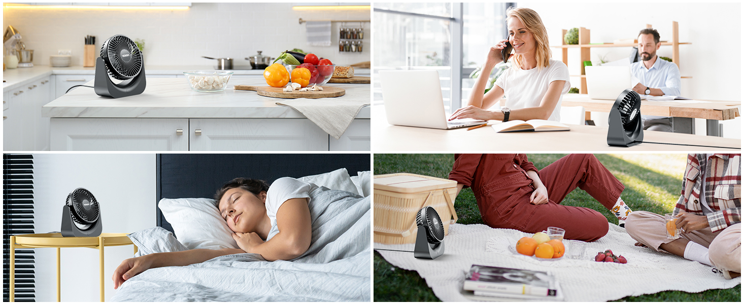 Collage of four images showing a portable fan in various settings: kitchen counter, bedroom, living room, and outdoor picnic.