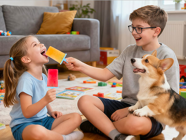 Sequence of photos showing a corgi dog interacting with food dispensing toys at a dining table. Dog appears engaged and playful with the feeding activity.