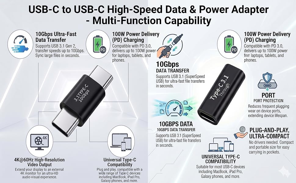USB-C to USB-C adapter 10Gbps data transfer 100W PD charging 4K 60Hz video output