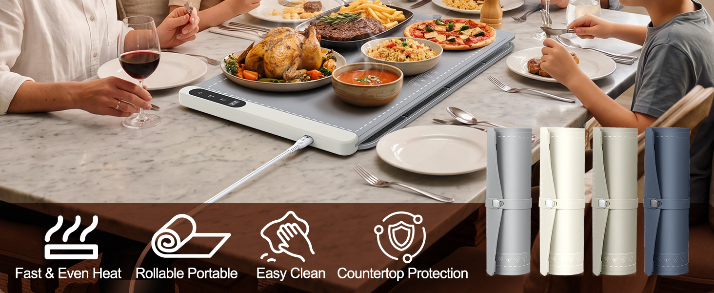 FYY Warming Mat for Food - Rapid and Full Surface Heating, 6 Temp Settings, 6H Timer