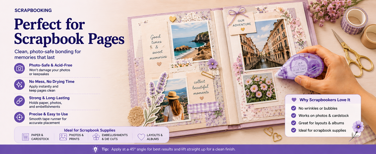 Scrapbook tape runner for scrapbook pages photos and memory albums