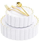 LIYH 150 Pcs White Plastic Dinnerware Set White Plastic Plates Disposable Gold Cutlery Set Includ...