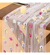 Socomi Floral Table Runner Spring Wildflower Gauze Tulle Cheesecloth Embroidery Sheer Table Runne...