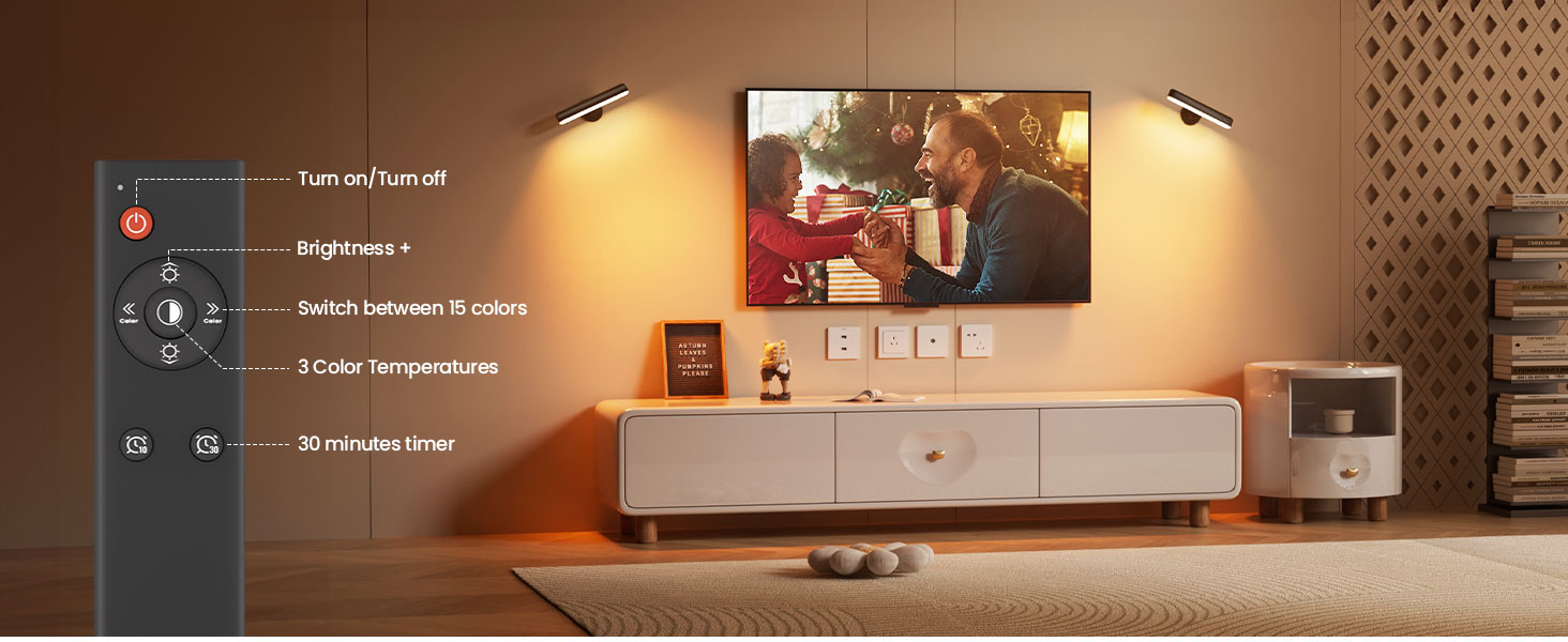 Remote control diagram showing timer and brightness settings for living room wall lights.
