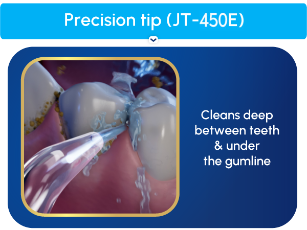 Image of Precision flossing tip with text reading cleans deep between teeth and under gumline.