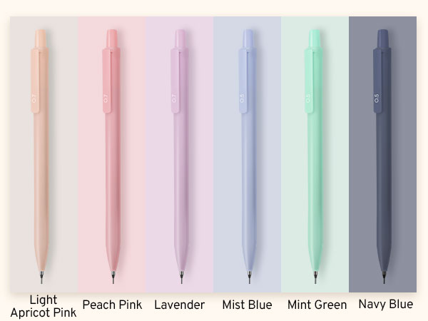Six mechanical pencils in pastel colors: light apricot pink, peach pink, lavender, mist blue, mint green, and navy blue. Each pencil has a sleek, minimalist design with a clip.